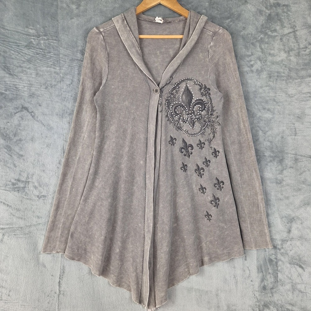 Vocal Cardigan Large Bling Rhinestones Fleur De Lis Waffle Grunge Y2K Asymmetric